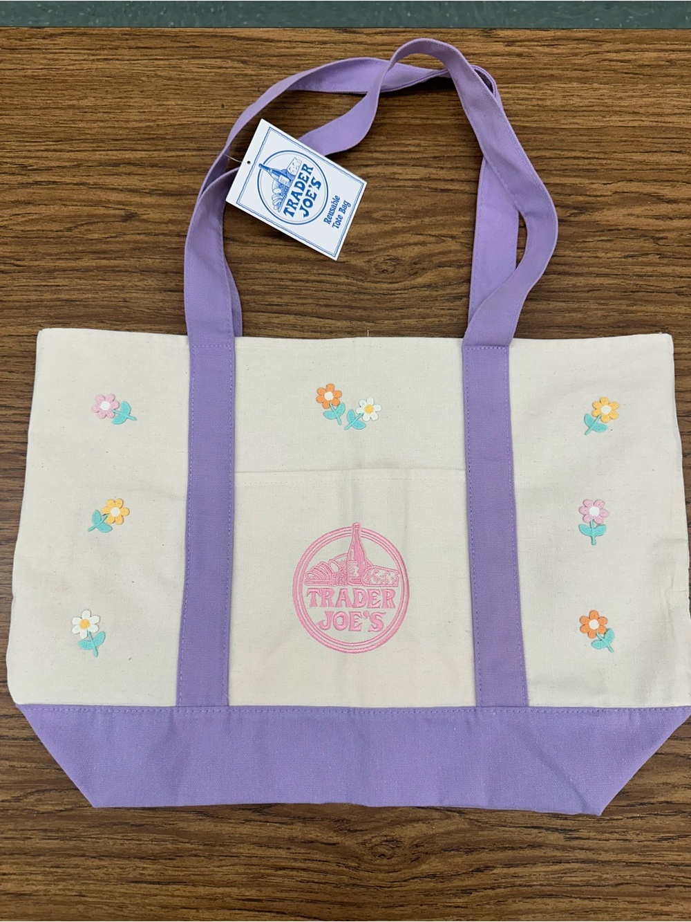 Custom Embroidered Trader Joe’s Canvas Tote Bag Lavender with embroidered flower
